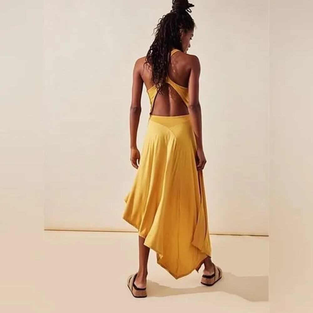 Free People Bethany Marigold Dijon Cutout Boho Lagenlook Midi Dress NWT S